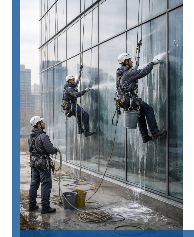 Промышленная мойка панорамных окон на высоте в Южном-Сахалинске