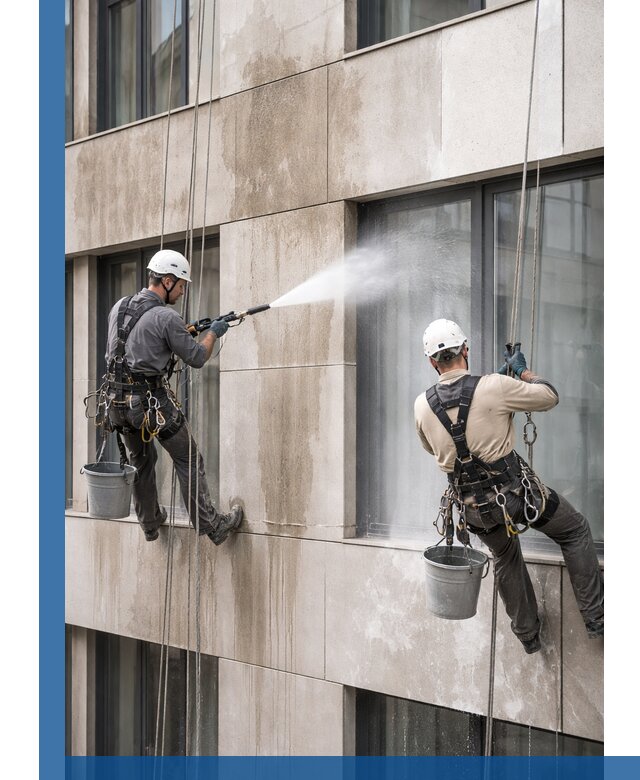 Послестроительная мойка фасада промышленным альпинизмом в Южном-Сахалинске