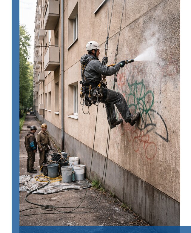 Удаление граффити с фасада в Южном-Сахалинске без следов и повреждений