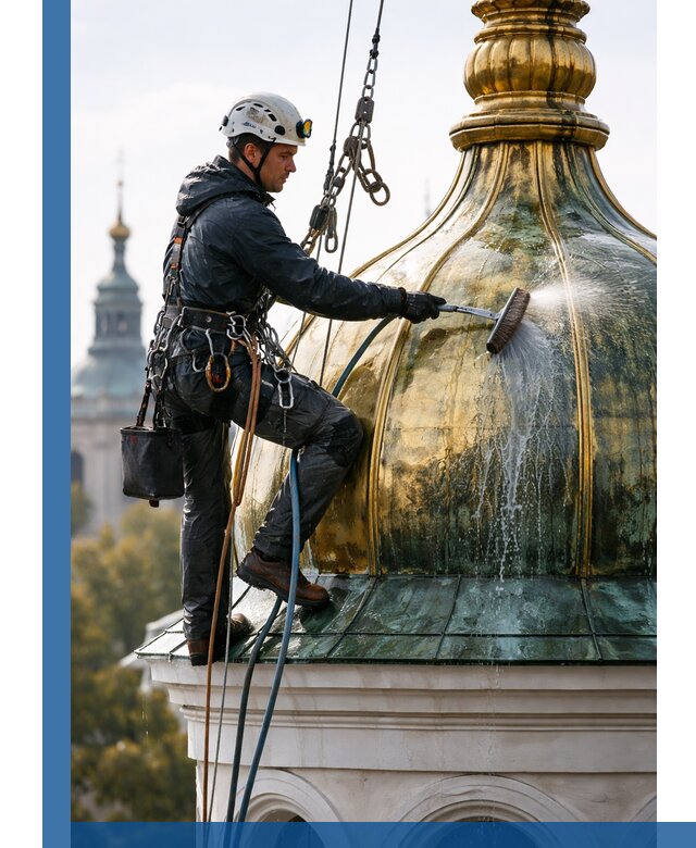 Профессиональная мойка куполов и шпилей высотными альпинистами в Южном-Сахалинске