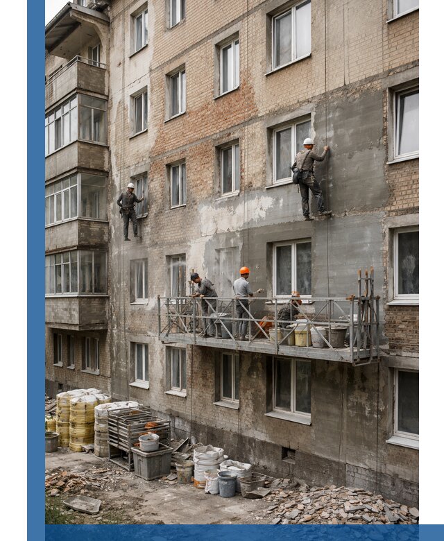 Капитальный ремонт фасада в Южном-Сахалинске с восстановлением и гидроизоляцией