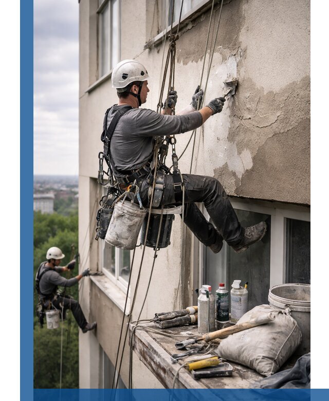 Косметический ремонт фасада зданий в Южном-Сахалинске промышленными альпинистами