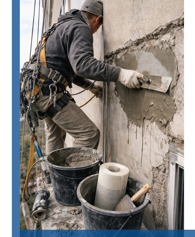 Ремонт бетонных элементов фасада промышленными альпинистами в Южном-Сахалинске