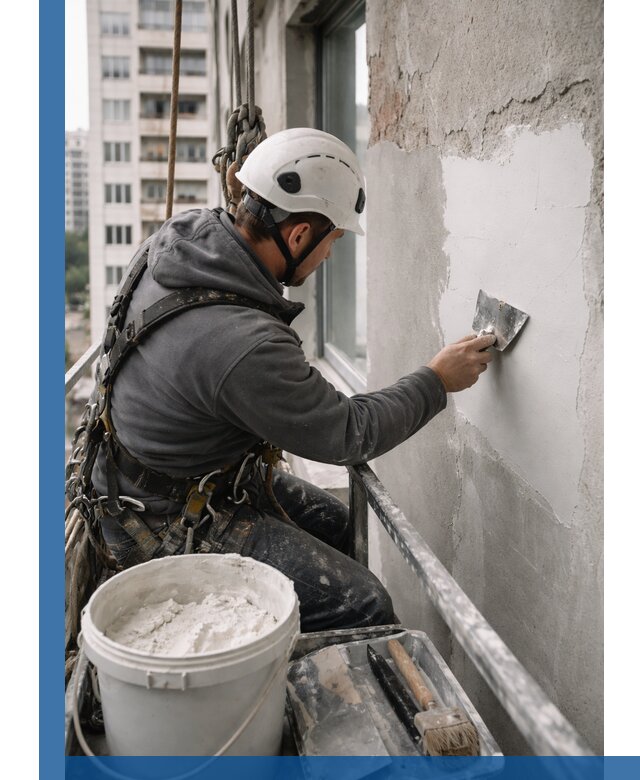 Шпаклевка фасадов на высоте с промальпинистами в Южном-Сахалинске