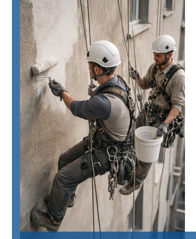 Грунтовка фасада на высоте в Южном-Сахалинске промышленными альпинистами