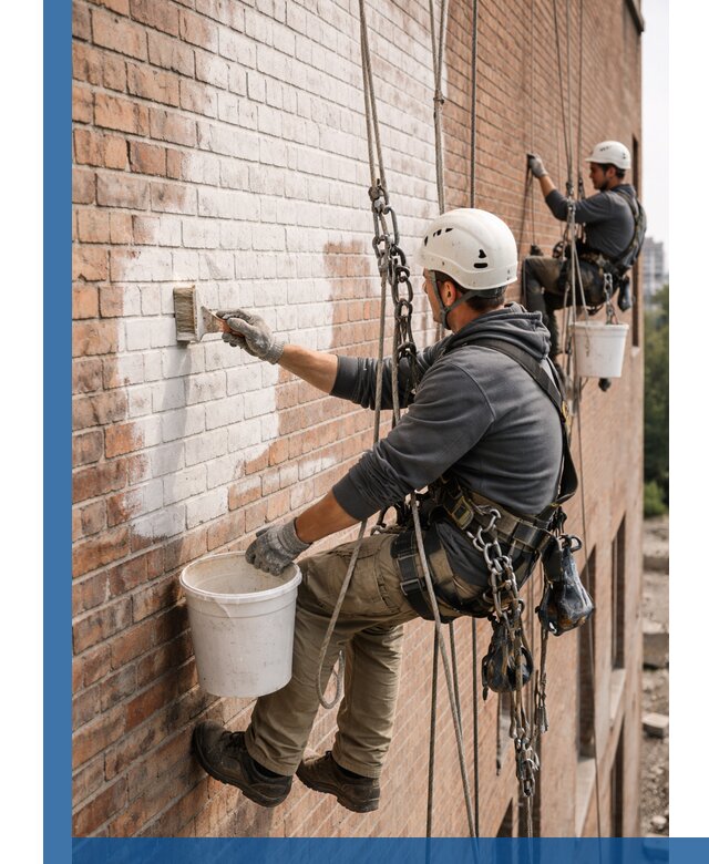 Покраска кирпичного фасада с доступным альпинистским сервисом в Южном-Сахалинске
