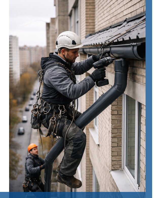 Монтаж водосточной системы на здании в Южном-Сахалинске от 5166 р. | ВЫСОТНИК-Южн