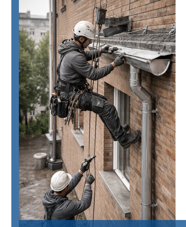 Монтаж водосточной системы на здании в Южном-Сахалинске под ключ