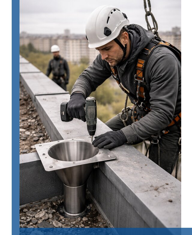 Монтаж водосточных воронок в Южном-Сахалинске для промышленных зданий