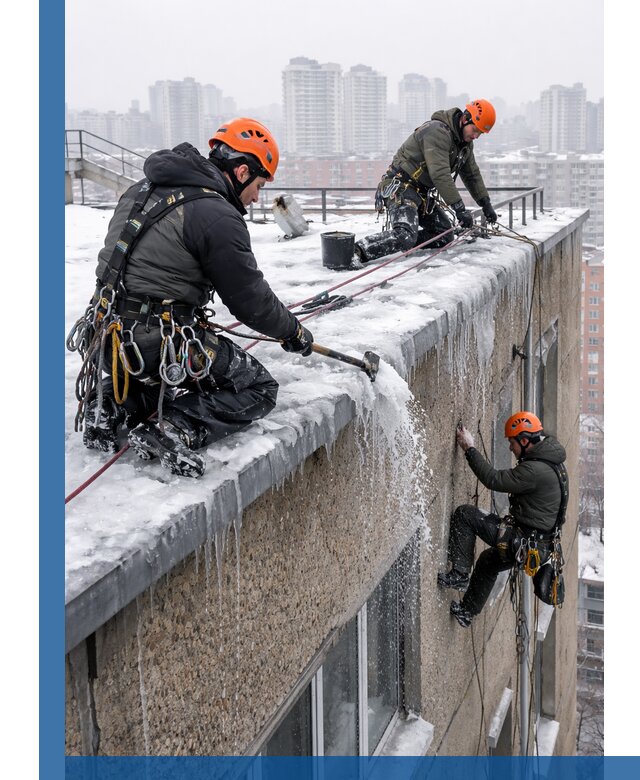 Удаление наледи с кровли в Южном-Сахалинске промышленными альпинистами