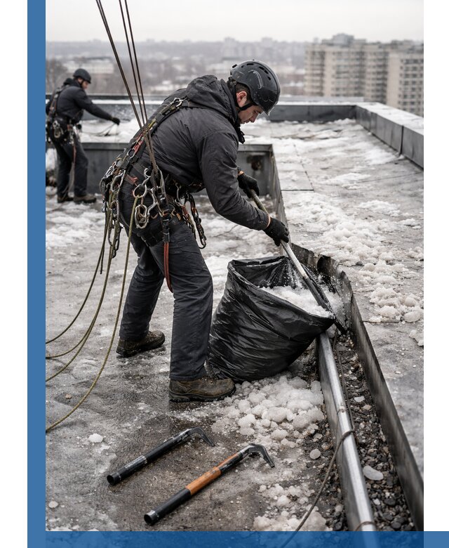 Аварийная очистка кровли в Южном-Сахалинске от промальпинистов
