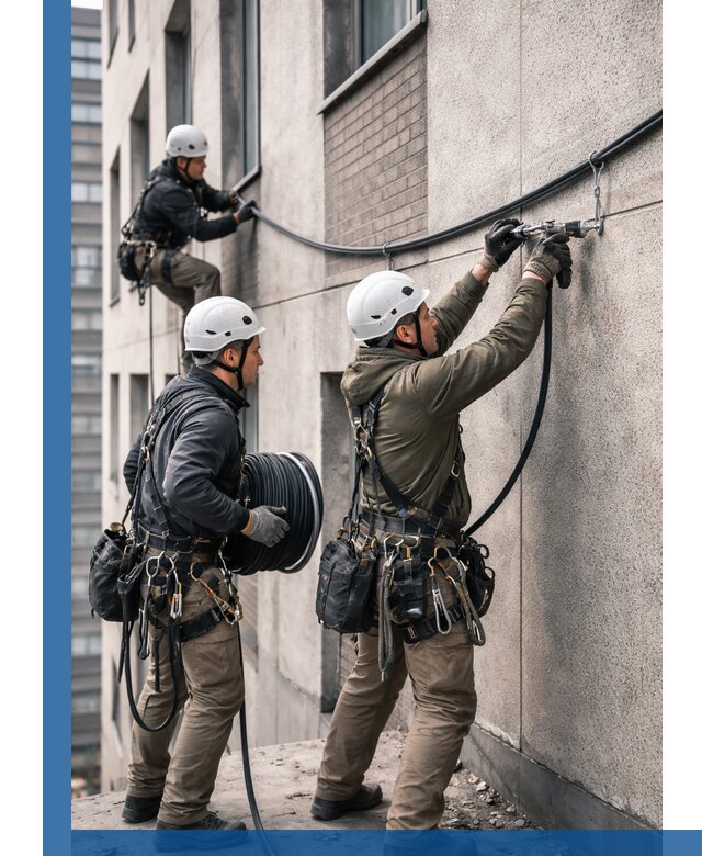 Прокладка кабеля по фасаду в Южном-Сахалинске, профессиональный монтаж