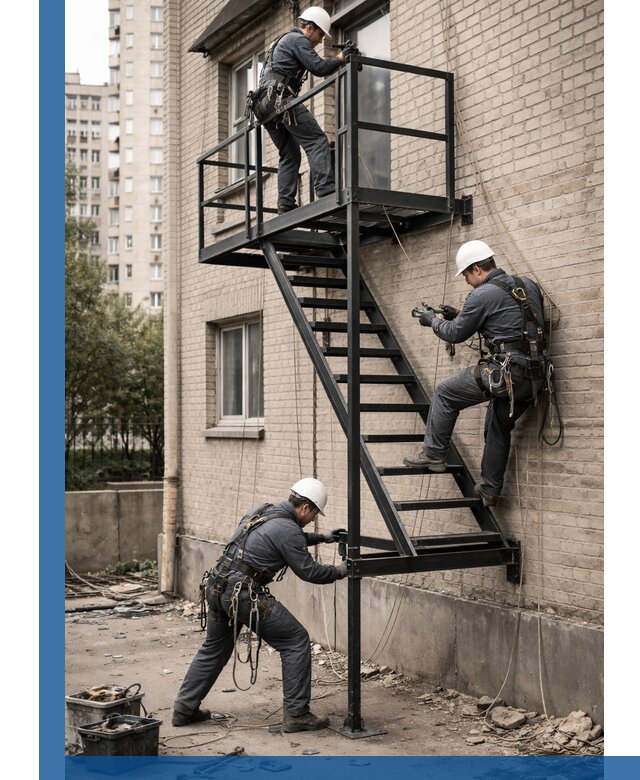 Монтаж пожарной лестницы в Южном-Сахалинске, установка и крепление