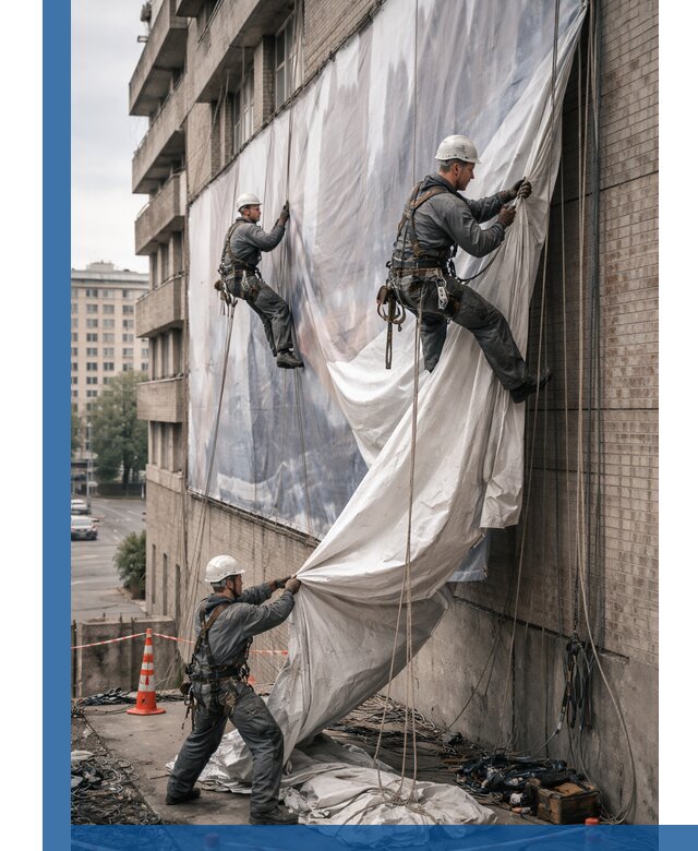 Демонтаж баннеров с фасада в Южном-Сахалинске оперативно и безопасно