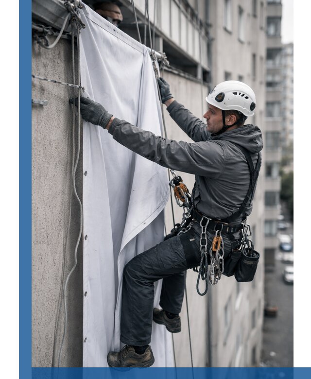 Замена баннерного полотна промышленными альпинистами в Южном-Сахалинске