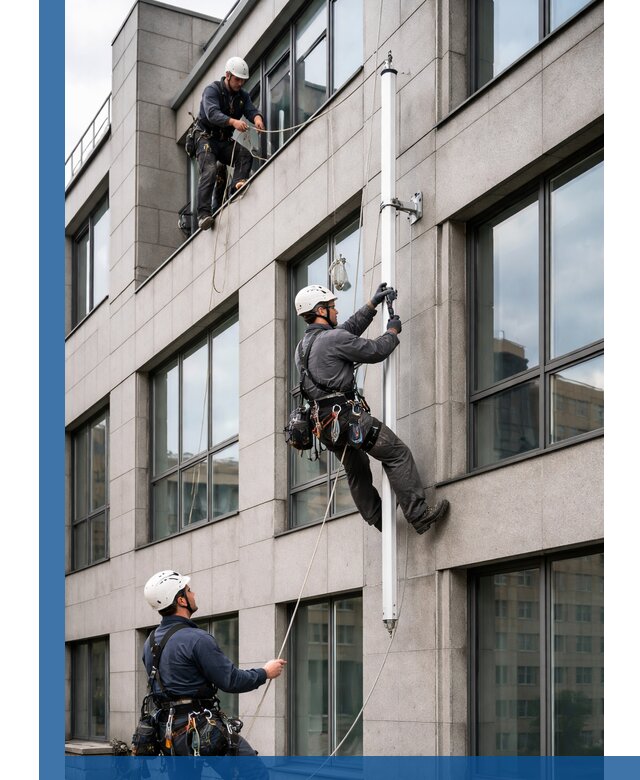 Монтаж флагштока на фасаде здания с креплением и герметикой в Южном-Сахалинске