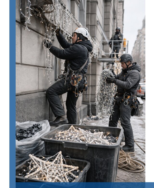 Демонтаж новогоднего оформления и гирлянд в Южном-Сахалинске