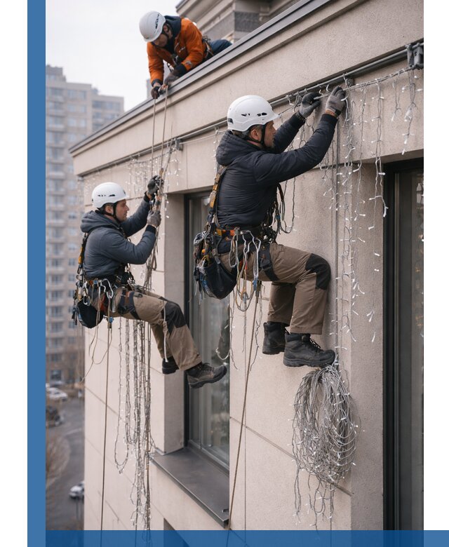 Монтаж праздничных гирлянд на фасаде в Южном-Сахалинске для зданий