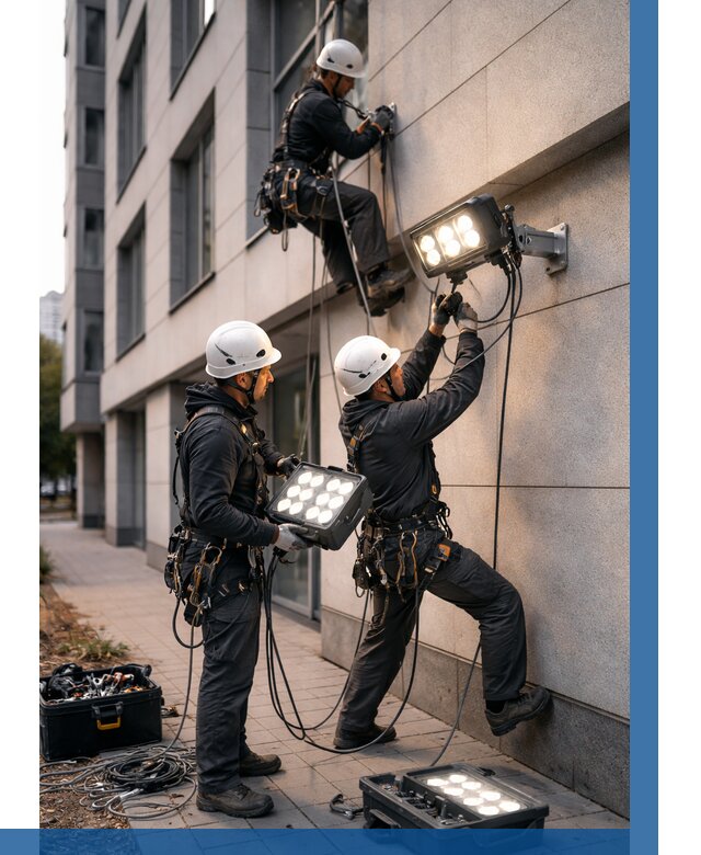 Монтаж прожекторов на фасаде в Южном-Сахалинске от 7748 р. | ВЫСОТНИК-Южн