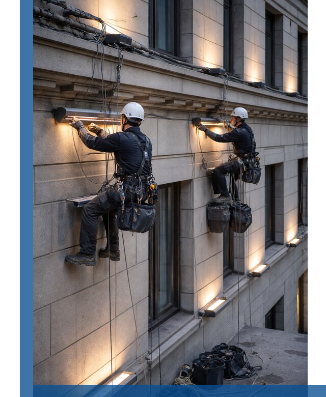 Монтаж архитектурной подсветки фасадов зданий в Южном-Сахалинске