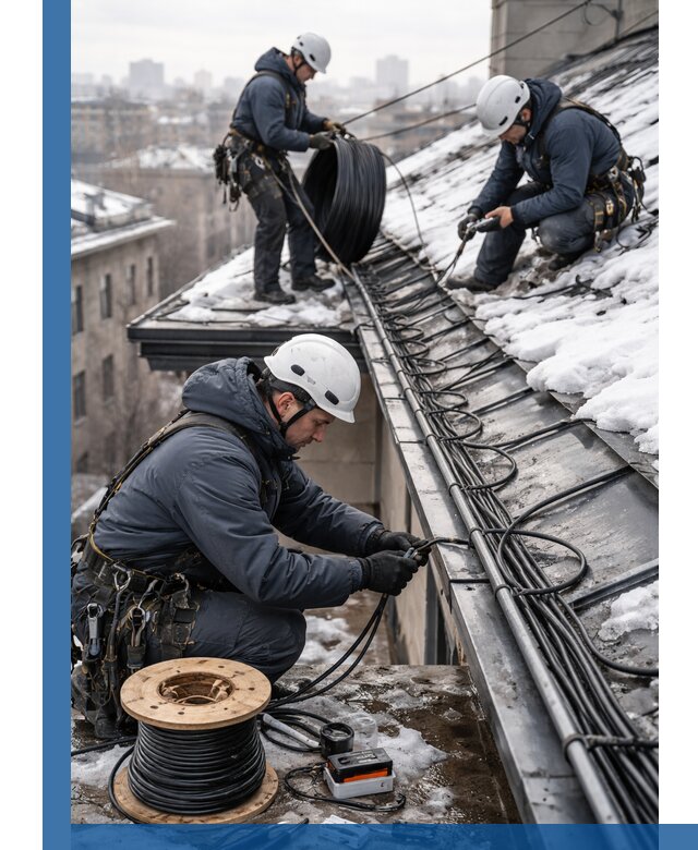 Монтаж греющего кабеля на кровле в Южном-Сахалинске под ключ