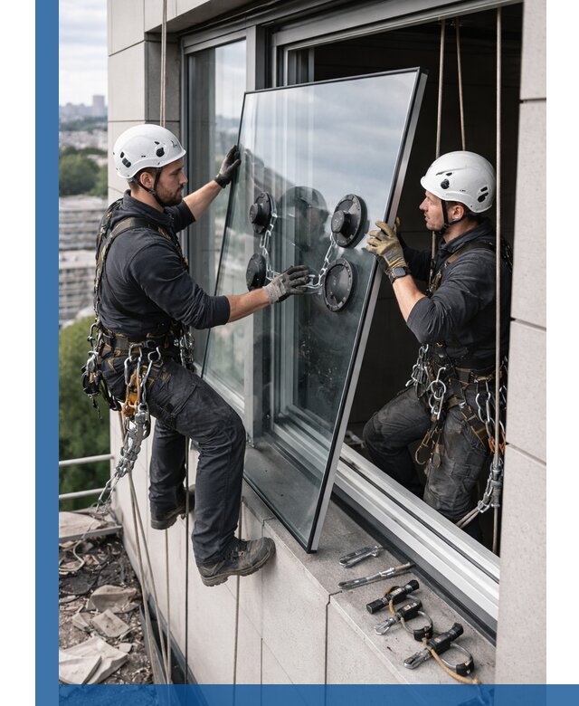 Замена стеклопакетов на высоте с промышленными альпинистами в Южном-Сахалинске