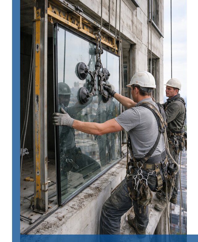 Монтаж стеклопакетов на высоте в Южном-Сахалинске с промышленным альпинизмом