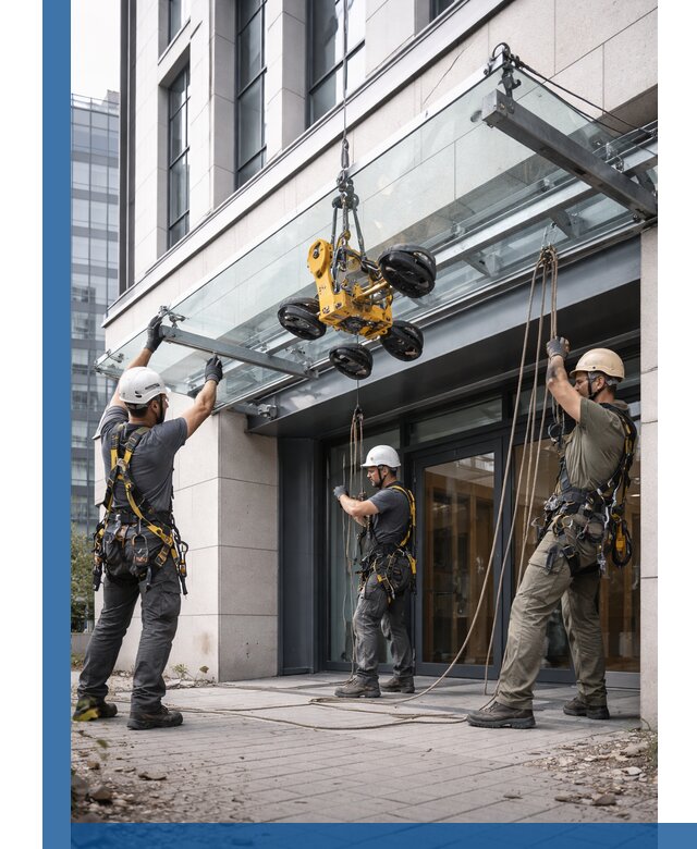 Монтаж стеклянных козырьков под ключ в Южном-Сахалинске для зданий