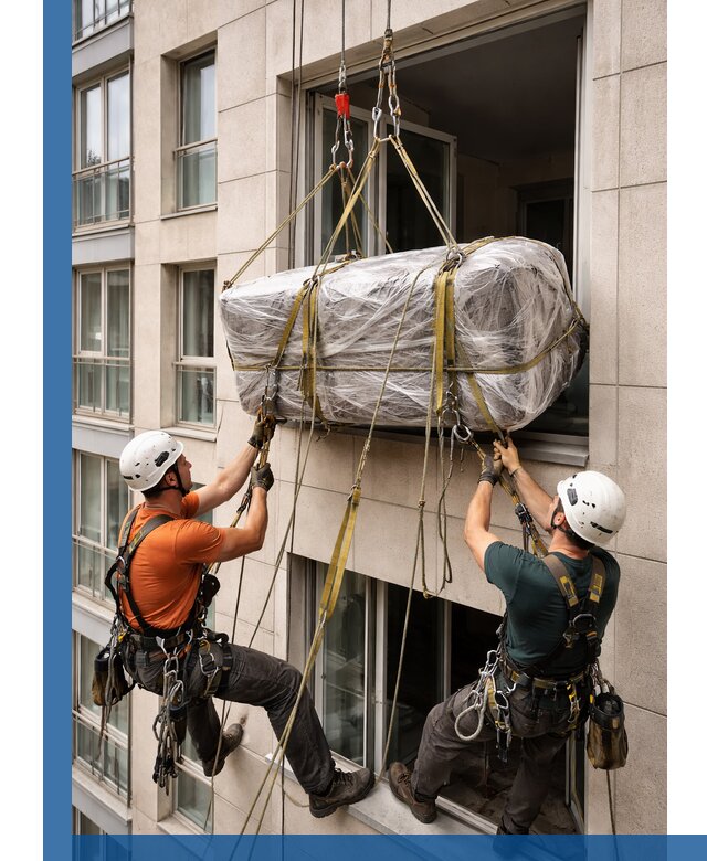 Подъем грузов через окно в Южном-Сахалинске промышленными альпинистами