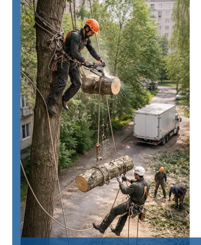 Спил деревьев альпинистами в Южном-Сахалинске, безопасно и без повреждений
