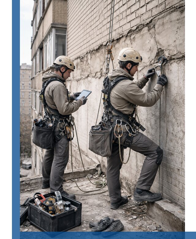 Обследование фасада промышленными альпинистами в Южном-Сахалинске